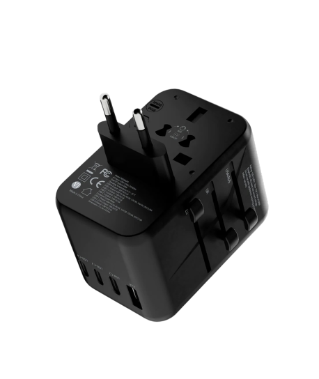 Powerology Universal Multi-Port Travel Adapter With 4 Type-C - Gray