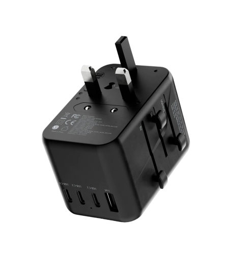Powerology Universal Multi-Port Travel Adapter With 4 Type-C - Gray