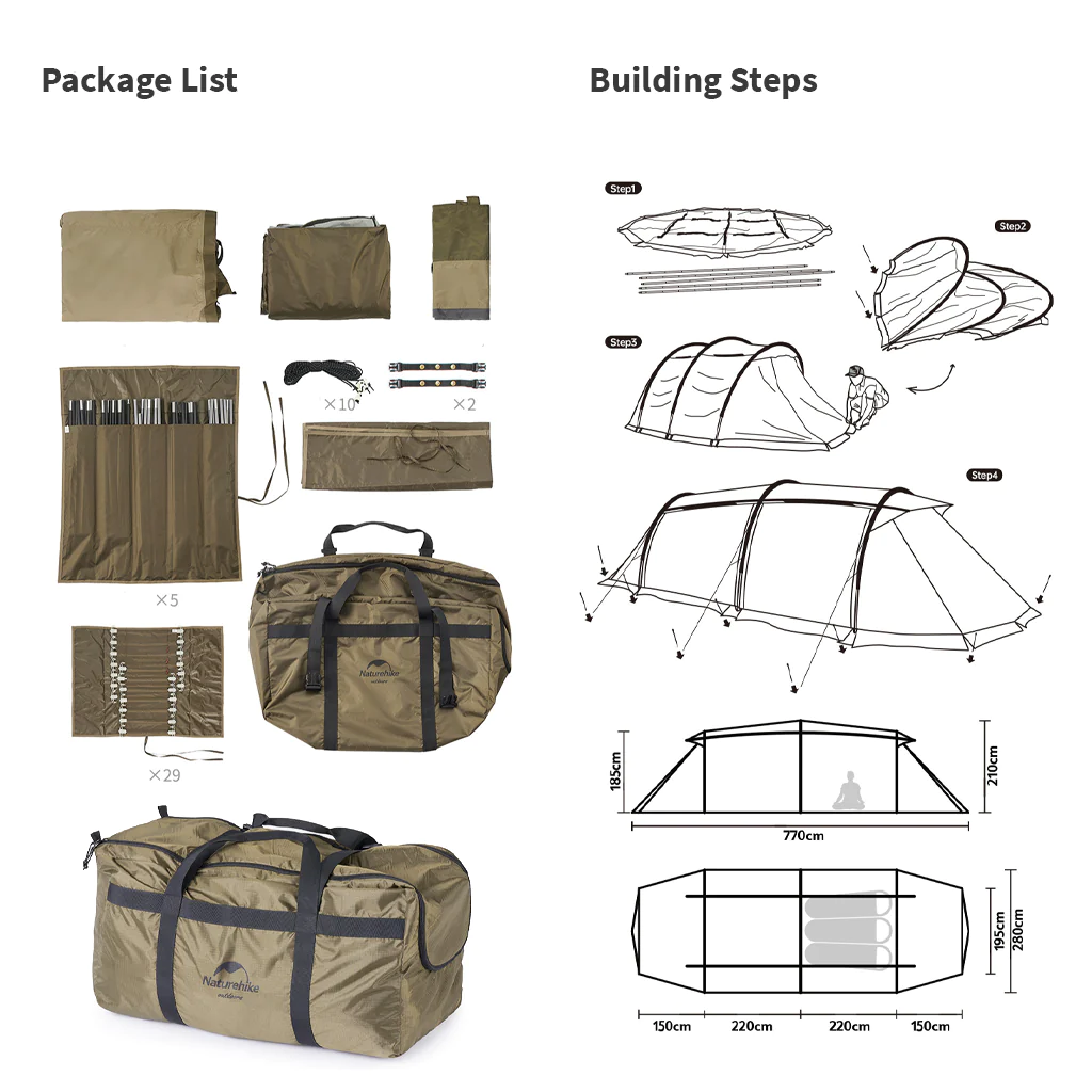 Naturehike UPF50+ Aries a Tunnel Tent For 4-6 Man(Without Tarp Pole) - Khaki