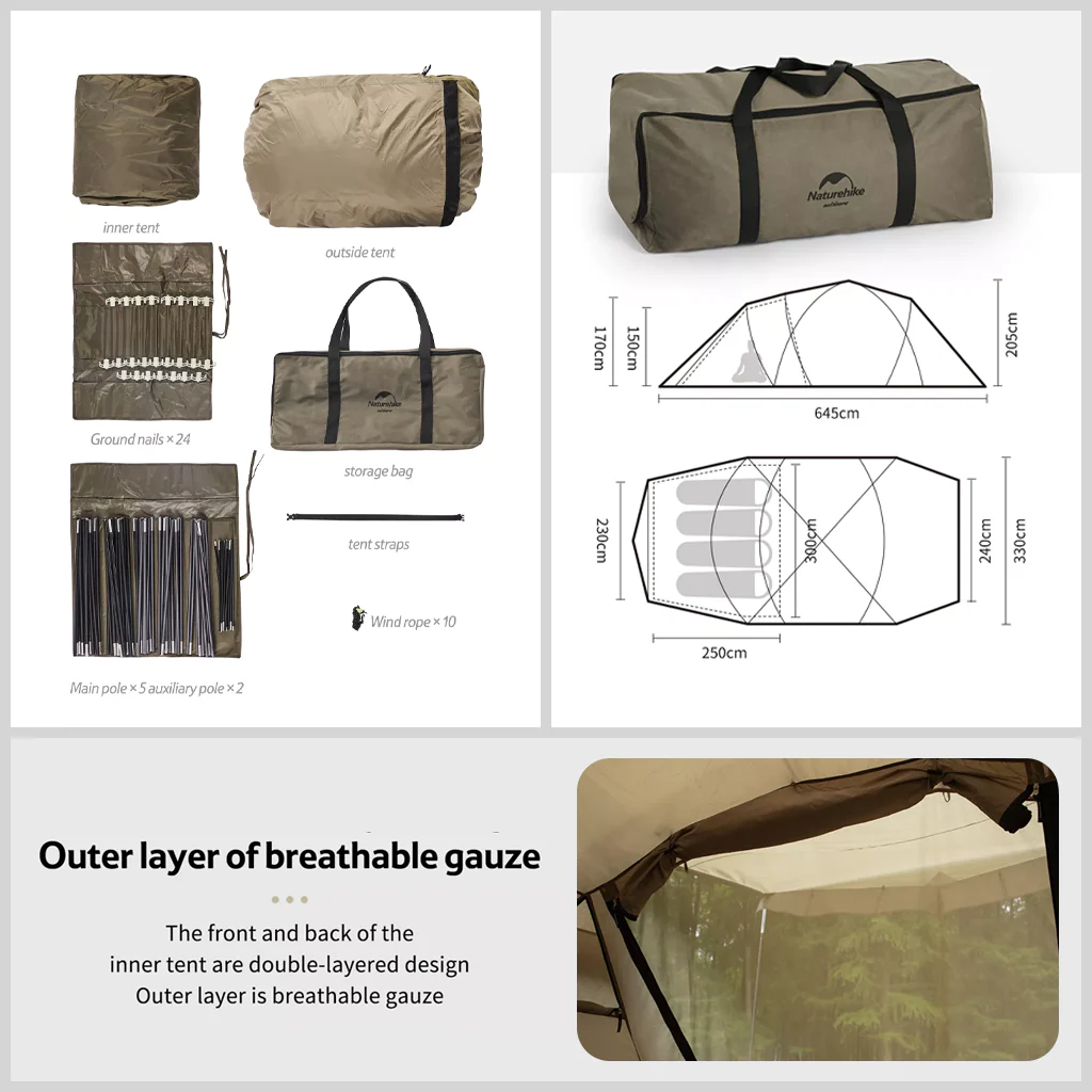 Naturehike UPF50+ Aries B tunnel tent for 4-6 man(without tarp pole) - Khaki