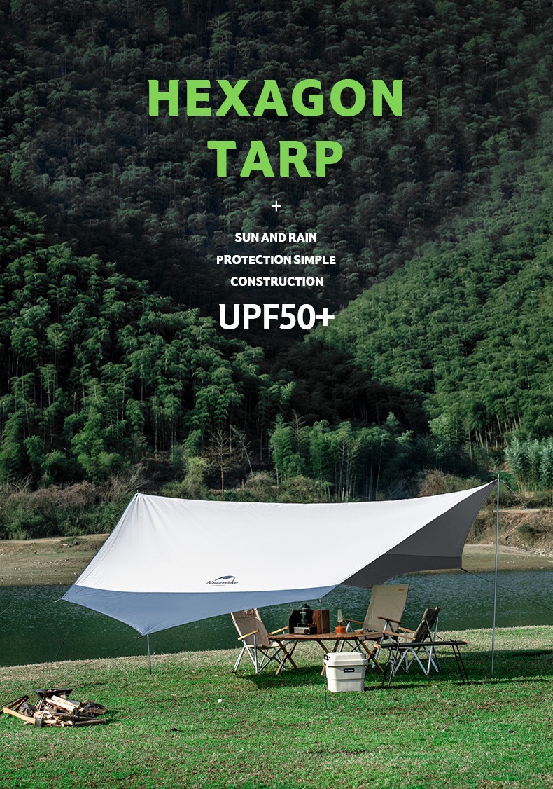 Naturehike UPF50+ Hexagon Tarp With 2 Poles - Grey Blue (L)