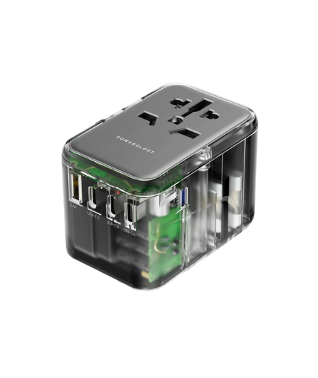 Powerology Universal Multi-Port Travel Adapter With 4 Type-C - Transparent Grey