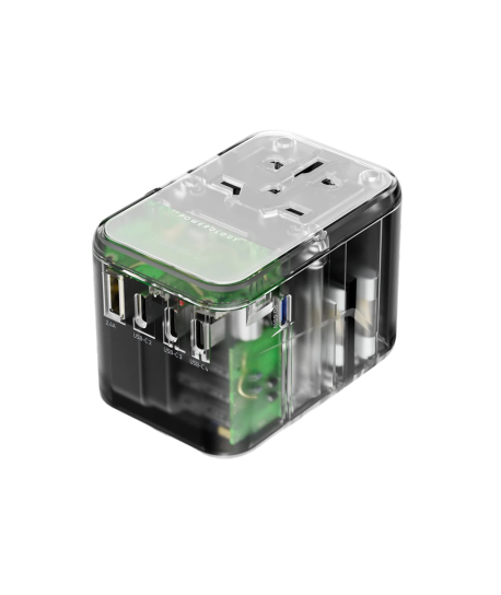 Powerology Universal Multi-Port Travel Adapter With 4 Type-C - Transparent